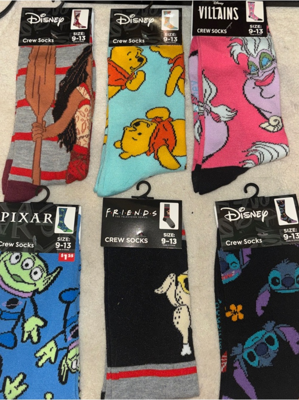 Disney Crew Socks Variety Pack - Black, Pink, Light Blue, Blue, Gray, Aqua